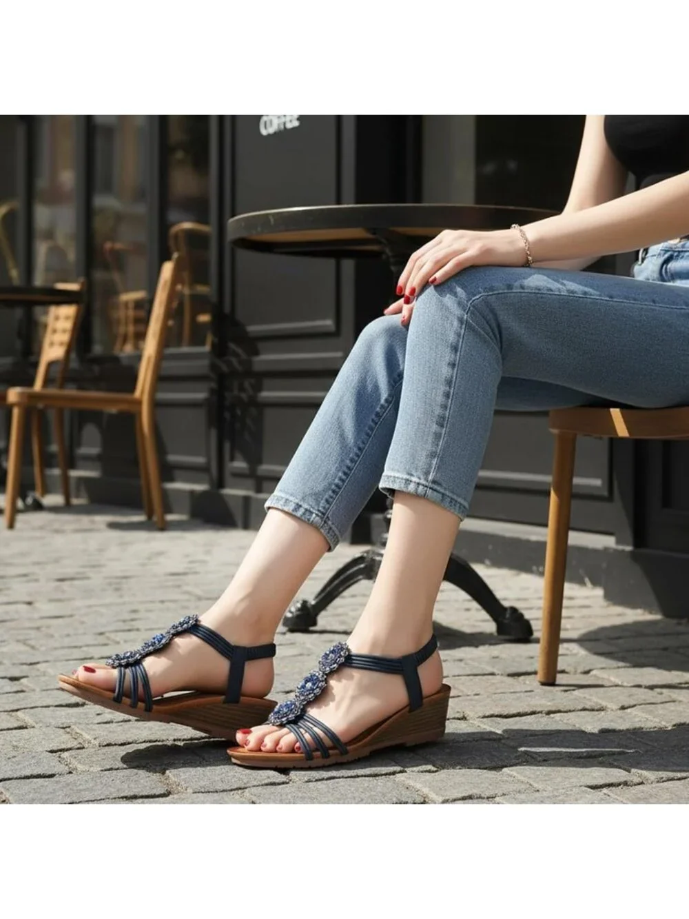 Women's Blue Floral Rhinestone Elastic Slingback Low Wedge Heel Sandals Shoes